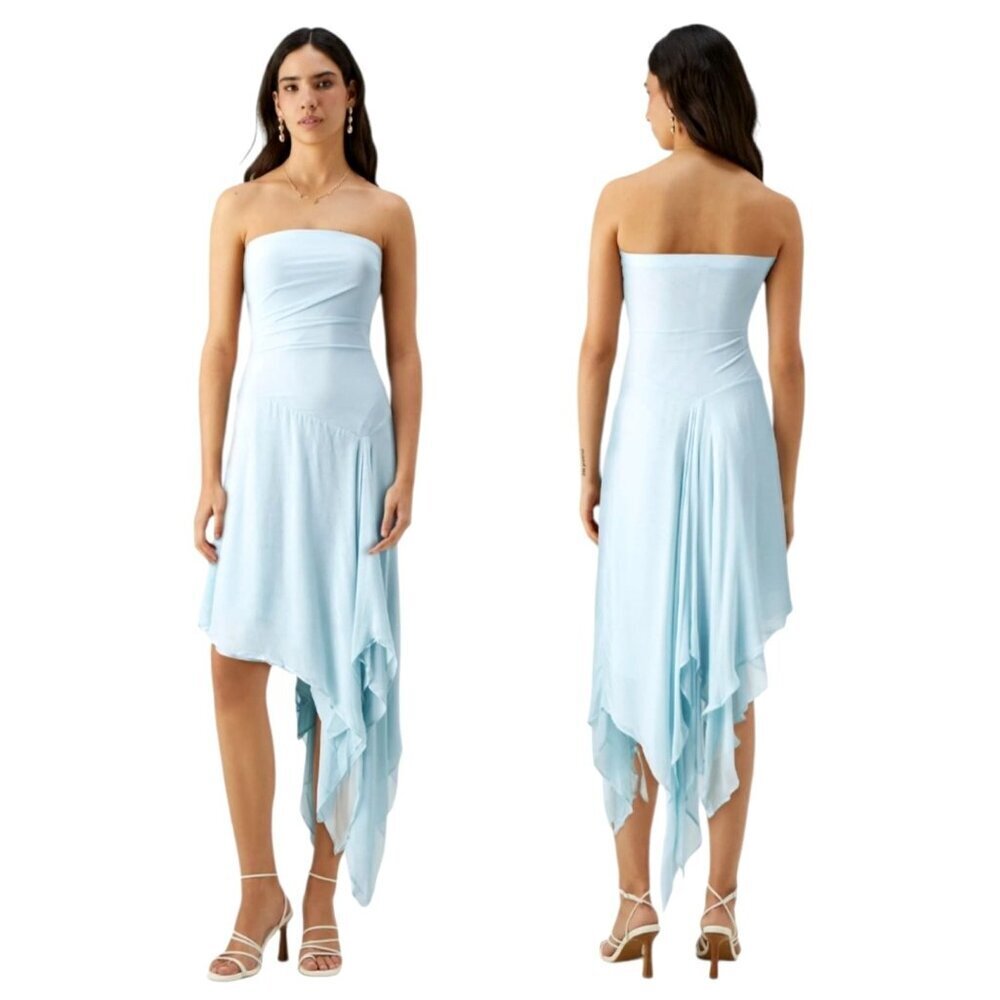Bec+Bridge Dress Women 10 Dolphin Blue Elzette Strapless Asymmetric Midi NWT